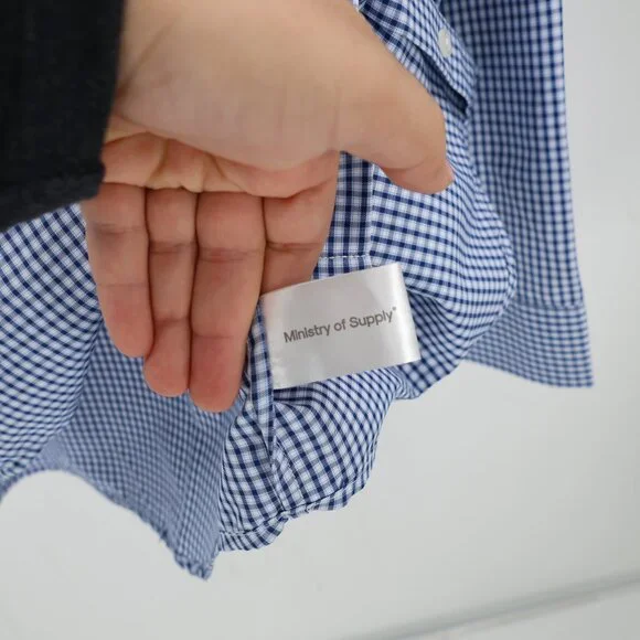 Ministry Of Supply Shirt Mens Large Blue Check Slim Fit Recycled poly Button Up - Picture 7 of 12